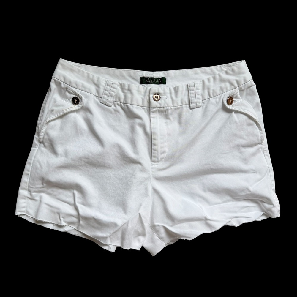 Lauren Ralph‎ Lauren Petite White Dog Paint Raw Hem Shorts Womens 12P Cotton